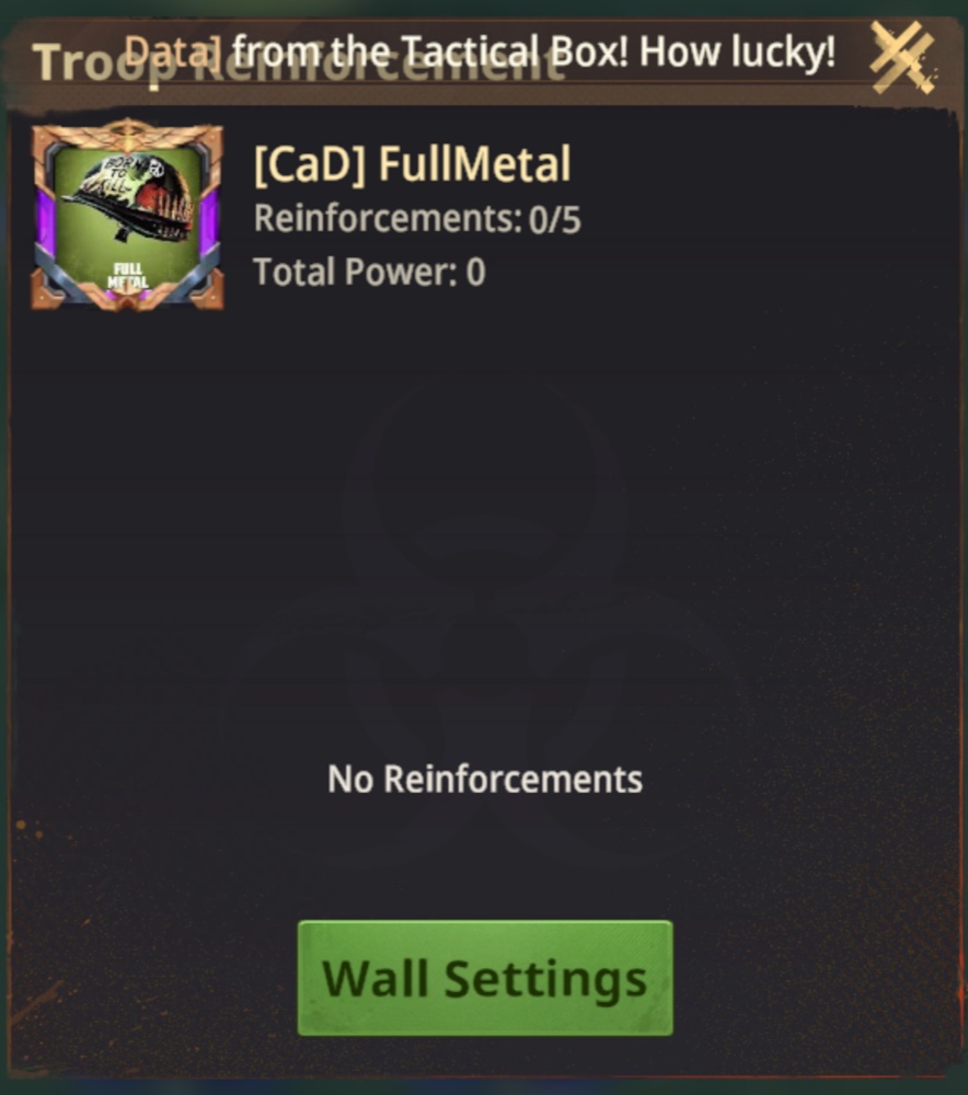 Troop Reinforcement panel with Wall Settings