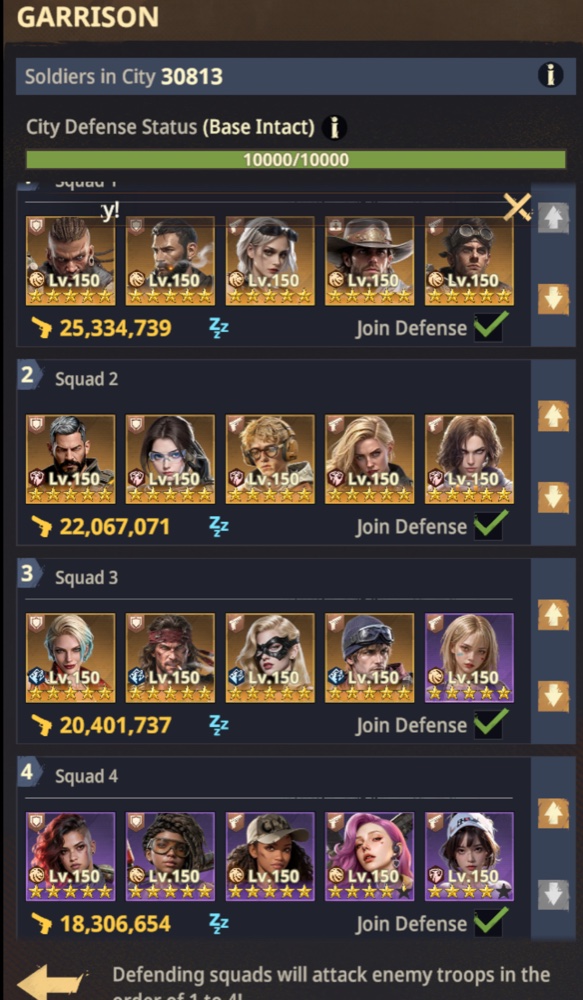Garrison screen with Join Defense checkboxes